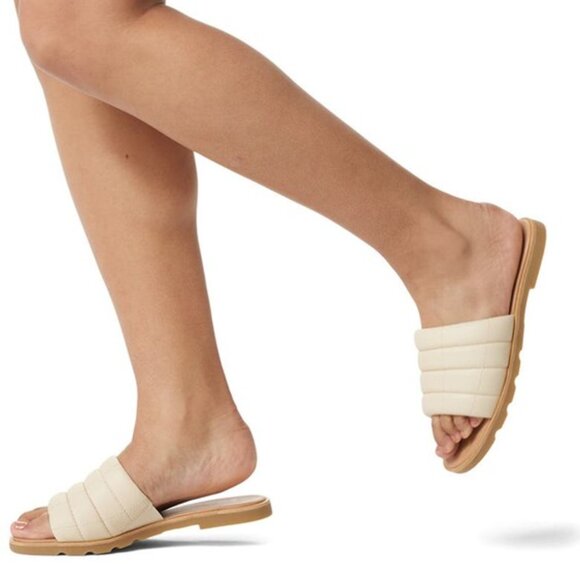 Sorel Ella III Slide Sandals Quilted Leather Slip On Flats Honey White Size 8.5 - Picture 1 of 7